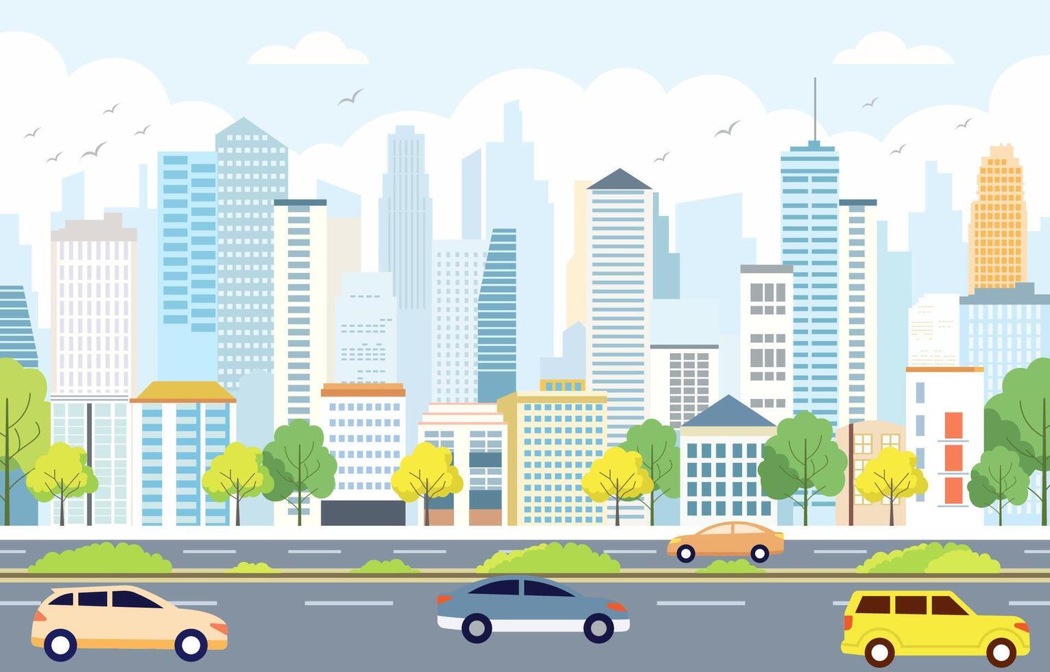 Flat Design Illustration of Cars Vehicle in City Road Traffic with Cityscape in Bright Day vector