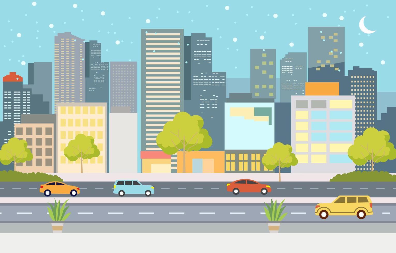 Flat Design Illustration of Cars Vehicle in City Road Traffic with Cityscape at Night vector