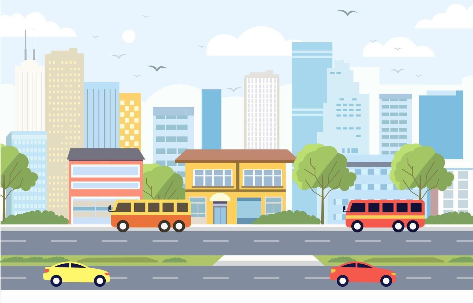 Flat Design Illustration of Car Bus Vehicle in City Road Traffic with Cityscape in Bright Day vector