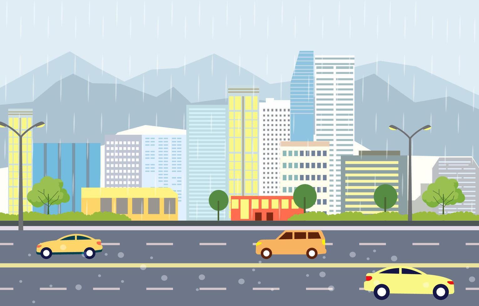 Flat Design Illustration of Cars Vehicle in City Road Traffic with Cityscape in Rain Season vector