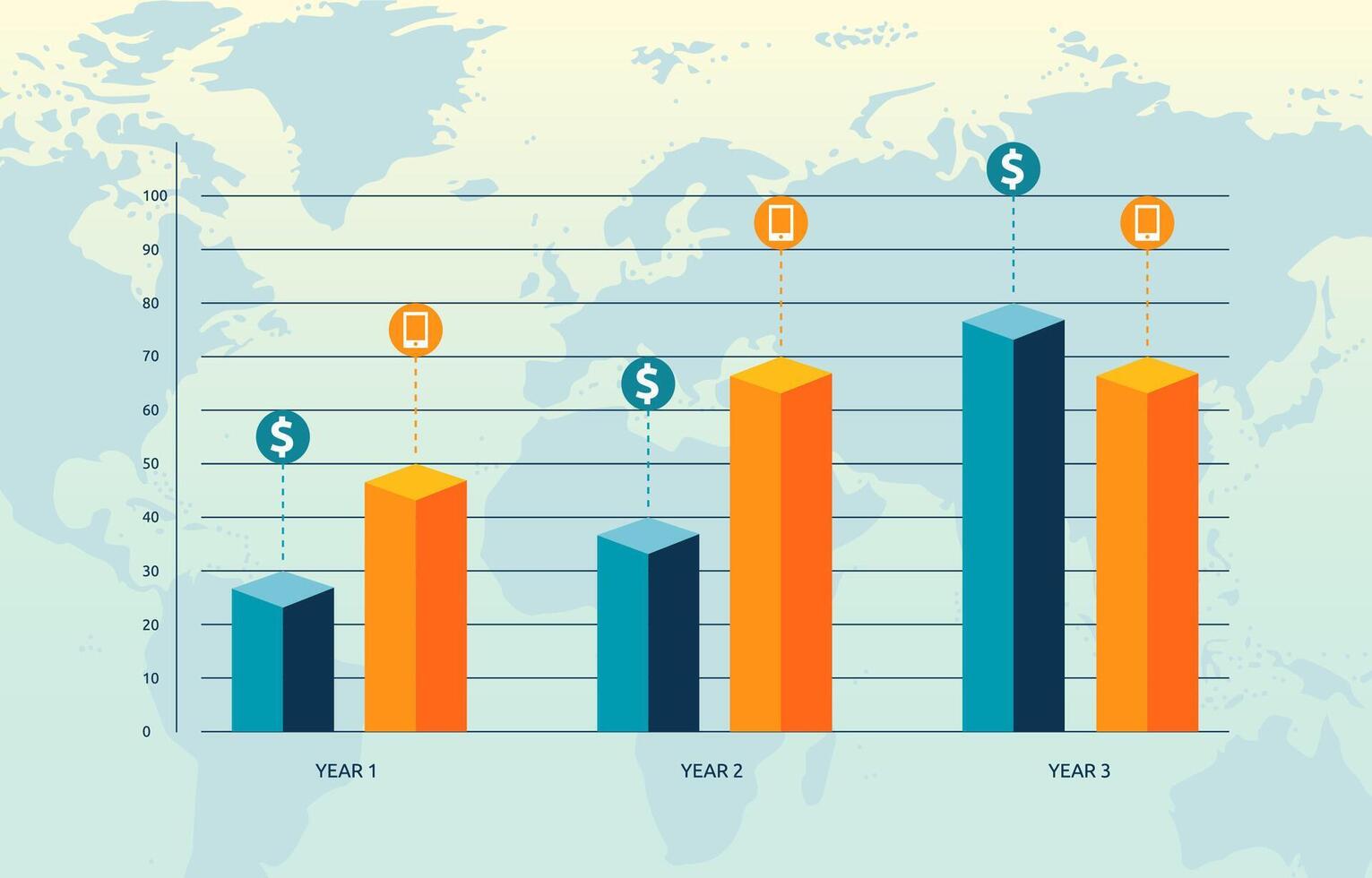 Flat Design Illustration of Bar Graph Chart Comparison Diagram for Business Financial Data with World Map Background vector