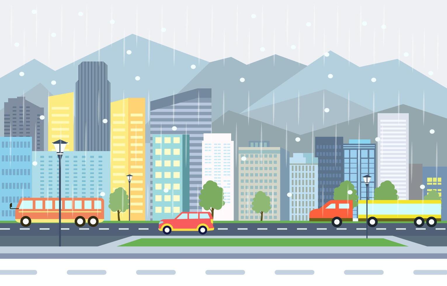 Flat Design Illustration of Car Bus Vehicle in City Road Traffic with Cityscape in Rain Season vector