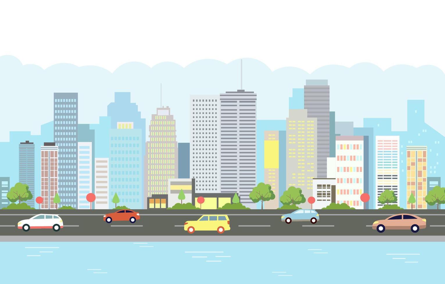 Flat Design Illustration of Cityscape Building with Lake River and Car in Road Traffic on Sunny Day vector