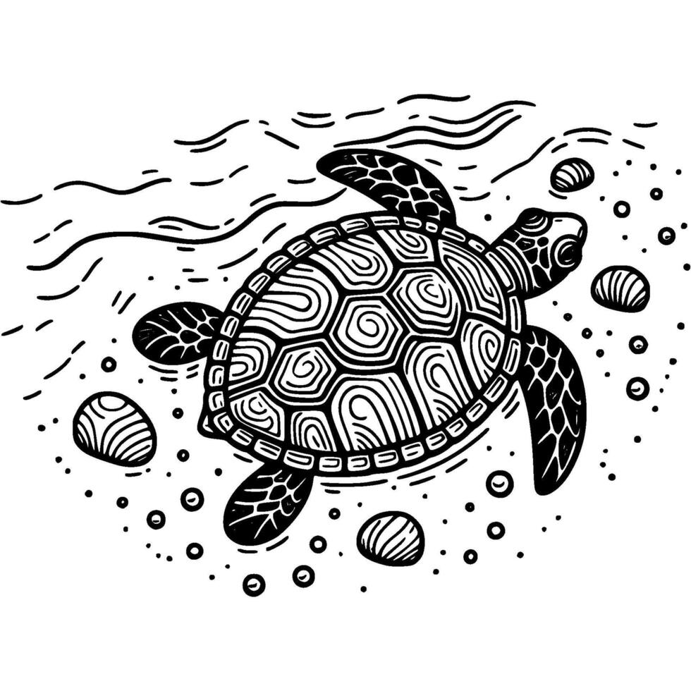 Sea turtle crawls along shore in monochrome. Adult turtle near water. Simple minimalistic in black ink drawing on white background vector