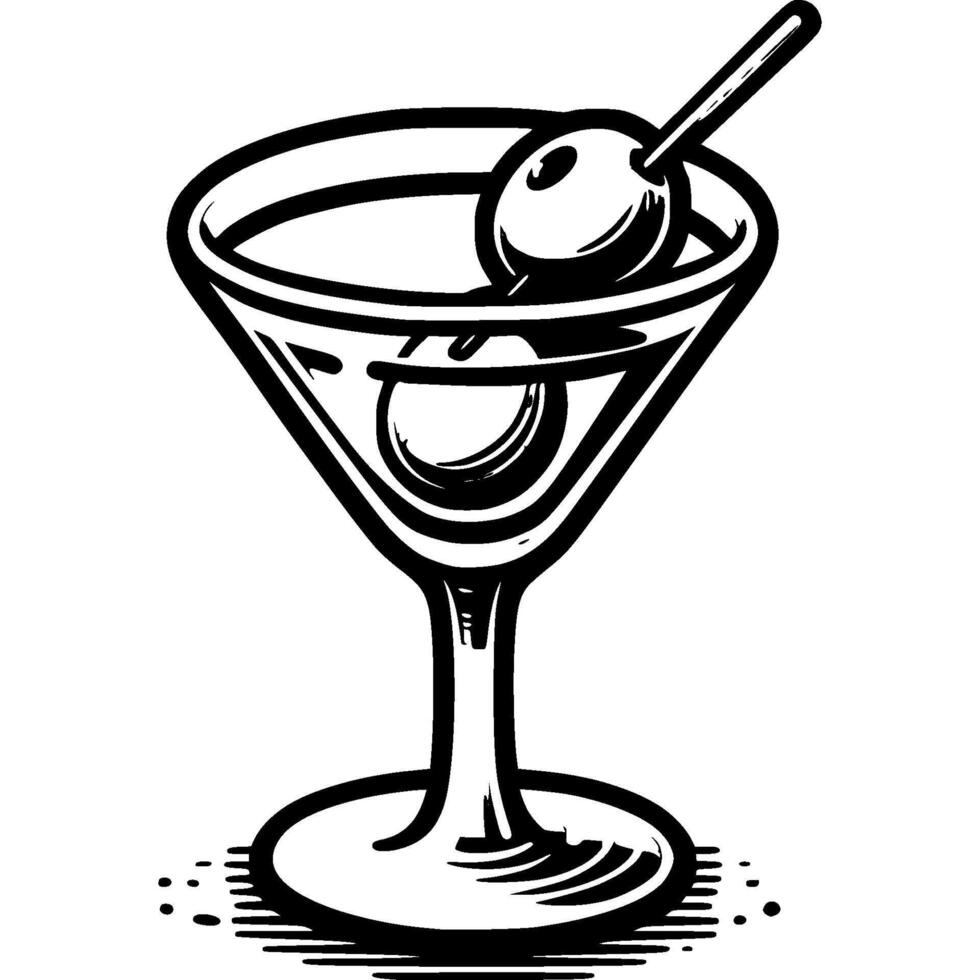 Martini glass decorated with olives in monochrome. Festive women drink. Simple minimalistic in black ink drawing on white background vector