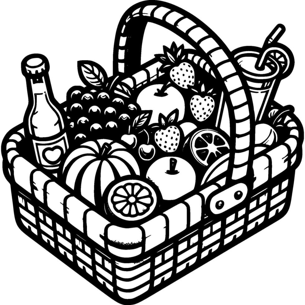 Luxury picnic basket in monochrome. Sandwiches, fruit and drinks in wicker basket. Simple minimalistic in black ink drawing on white background vector