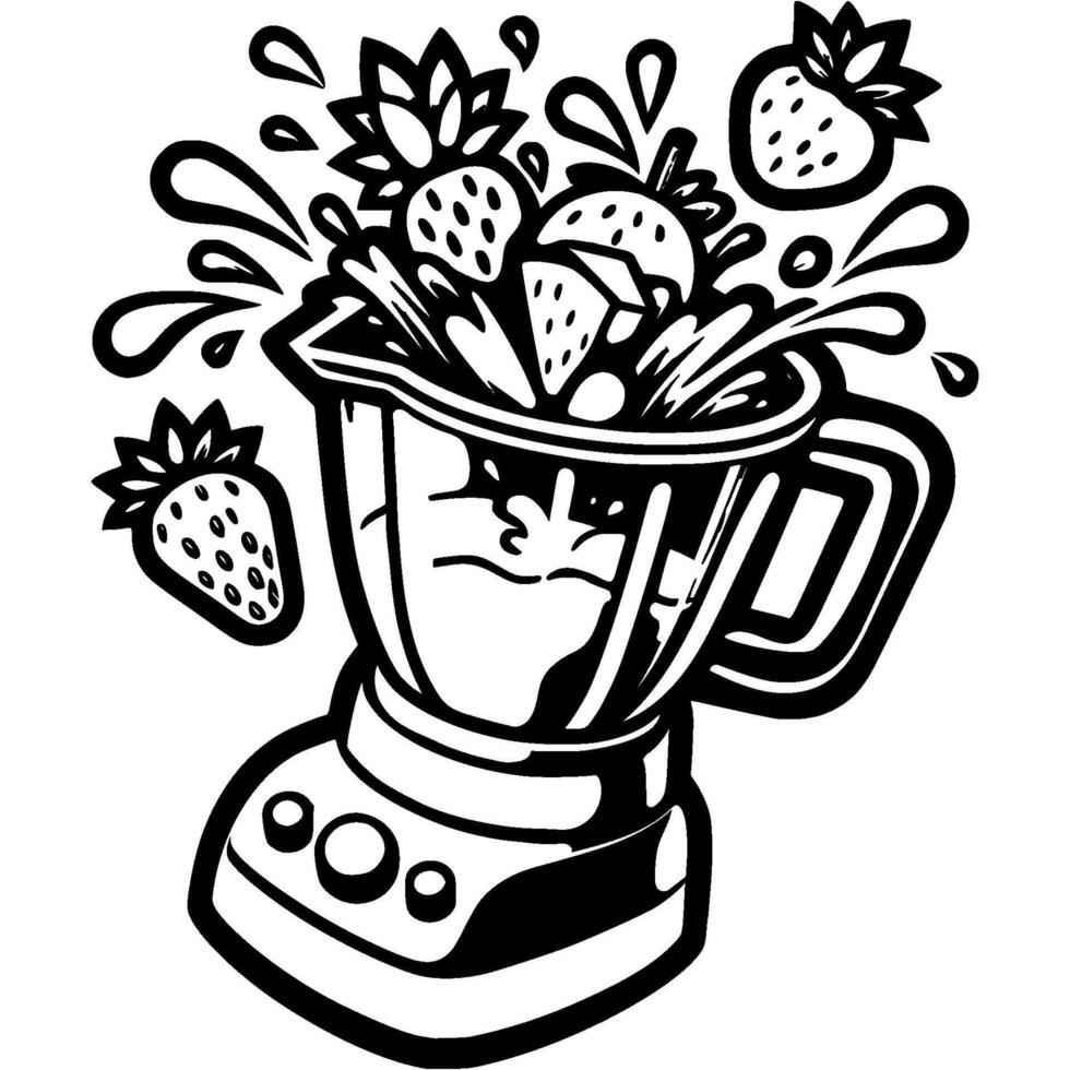 Making of strawberry fruit smoothie in blender in monochrome. Simple minimalistic in black ink drawing on white background vector