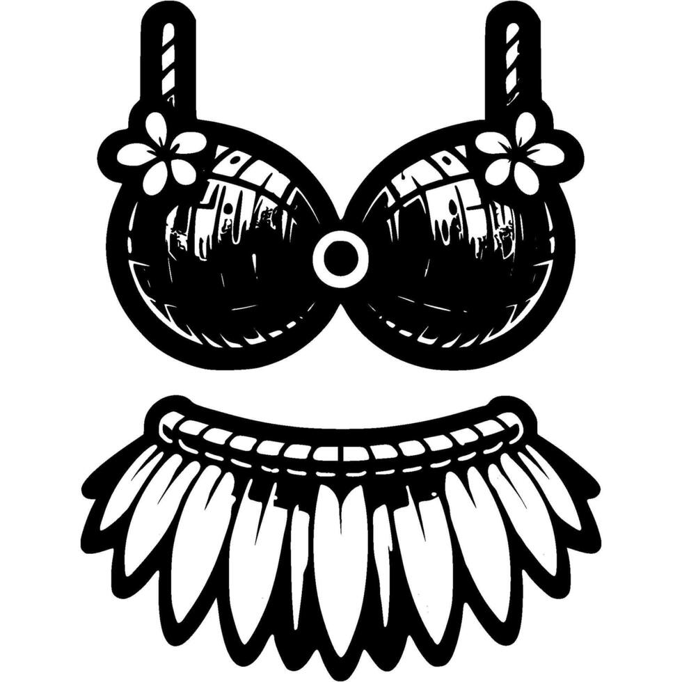 Traditional women skirt and bra made of palm leaves and coconuts in monochrome. Ritual Hawaiian women clothing. Simple minimalistic in black ink drawing on white background vector