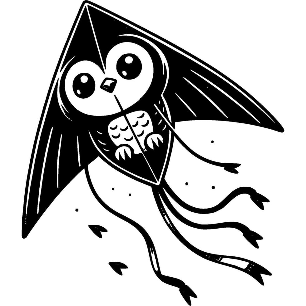 Owl shaped kites floating in sky in monochrome. Summer homemade toy. Simple minimalistic in black ink drawing on white background vector