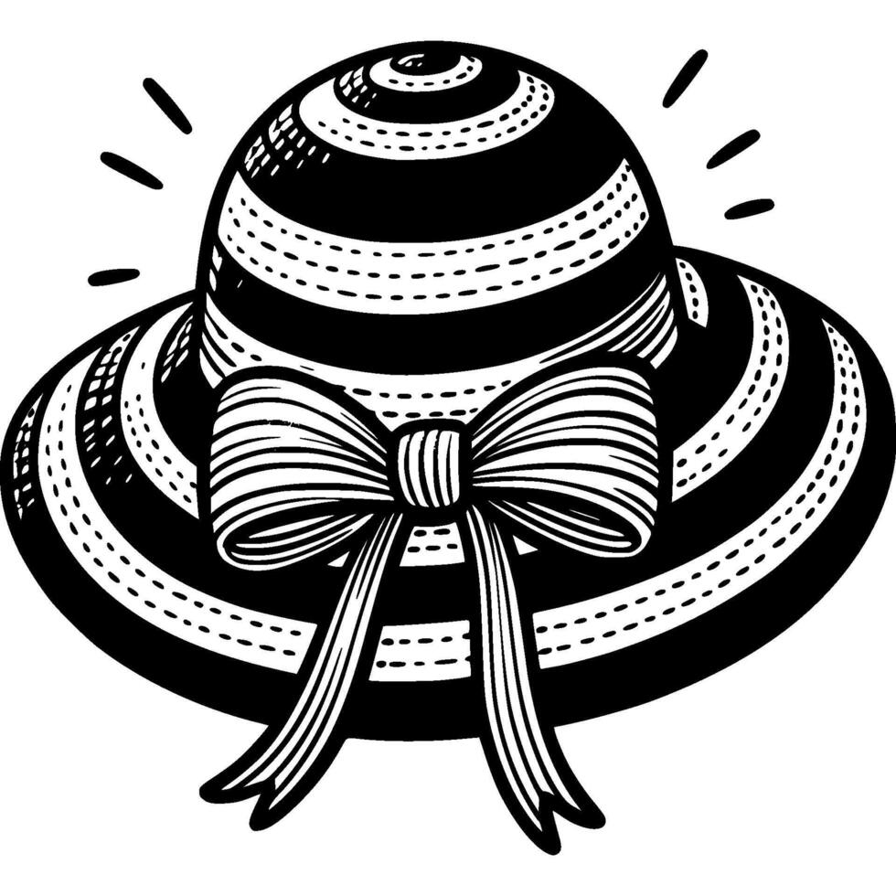 Striped beach hat with wide brim and silk bow in monochrome. Sun protection hat. Simple minimalistic in black and white drawing on white background vector