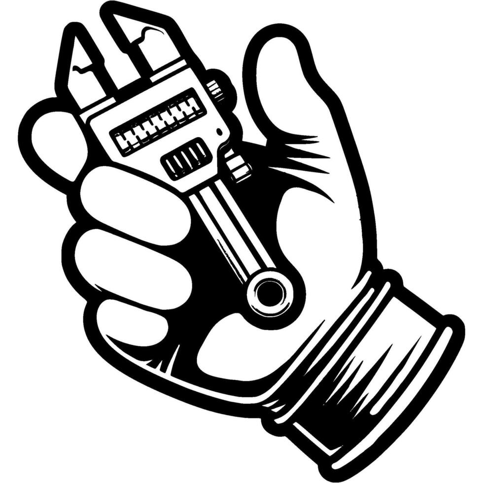 Builder hand dressed in protective glove holds measuring device caliper in monochrome. Special measuring instruments. Simple minimalistic in black ink drawing on white background vector