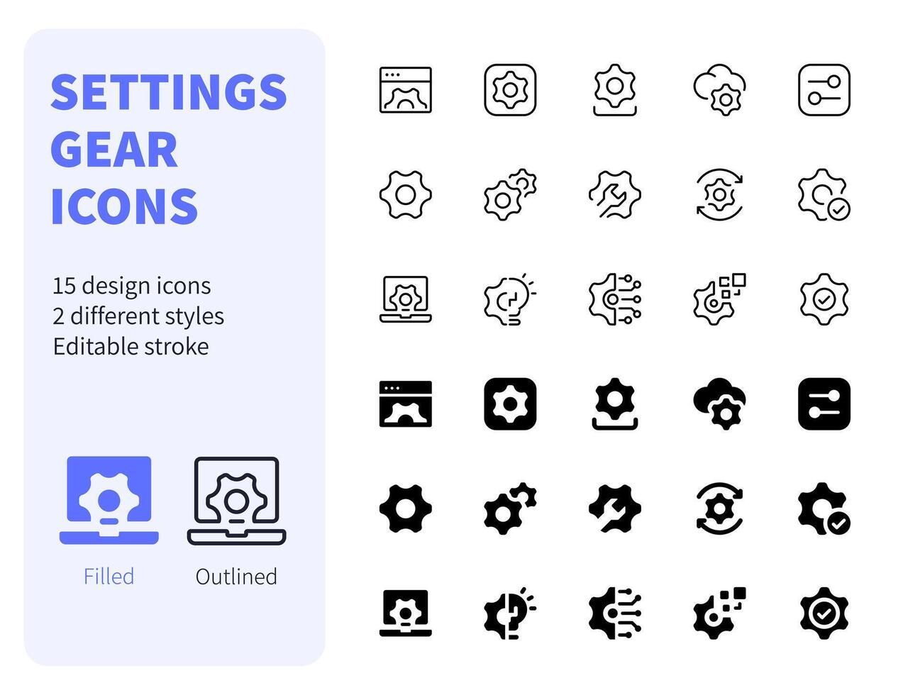 Settings Gear Icons Filled and Outlined web icon set. Such as update, install, wrench, system, Simple illustration editable stroke. vector