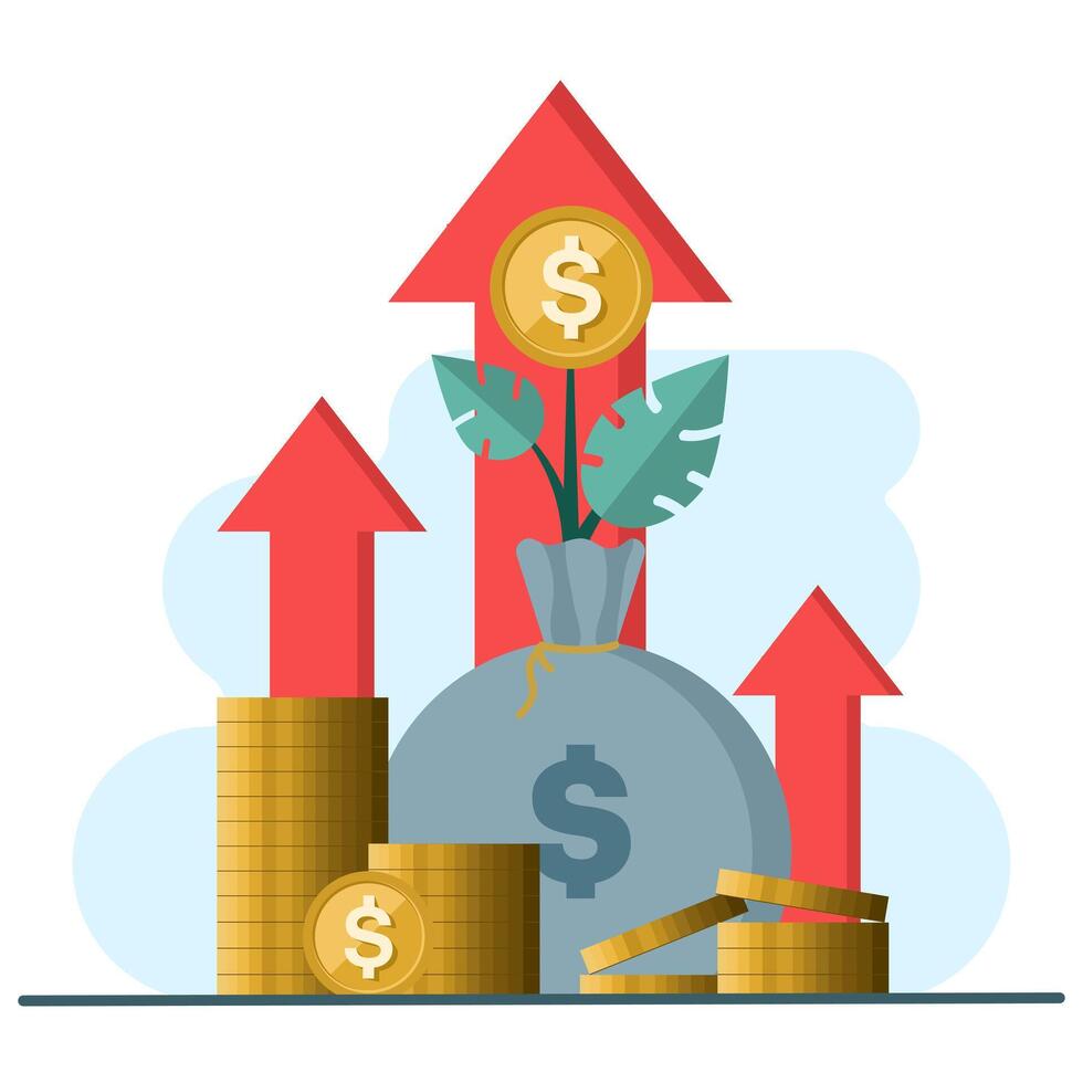 Business investment concept in flat style. Money, coins, profits, graph icons are suitable for many purposes. Investment Statistics With Money. Growth Investment Financing, flat illustration. vector