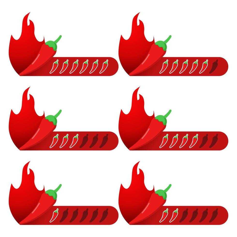 The concept of spiciness level is an indicator of the strength scale of red chilies with the positions mild, medium, hot and extra hot. labels of spiciness levels on the spice and sauce flavor scale. vector