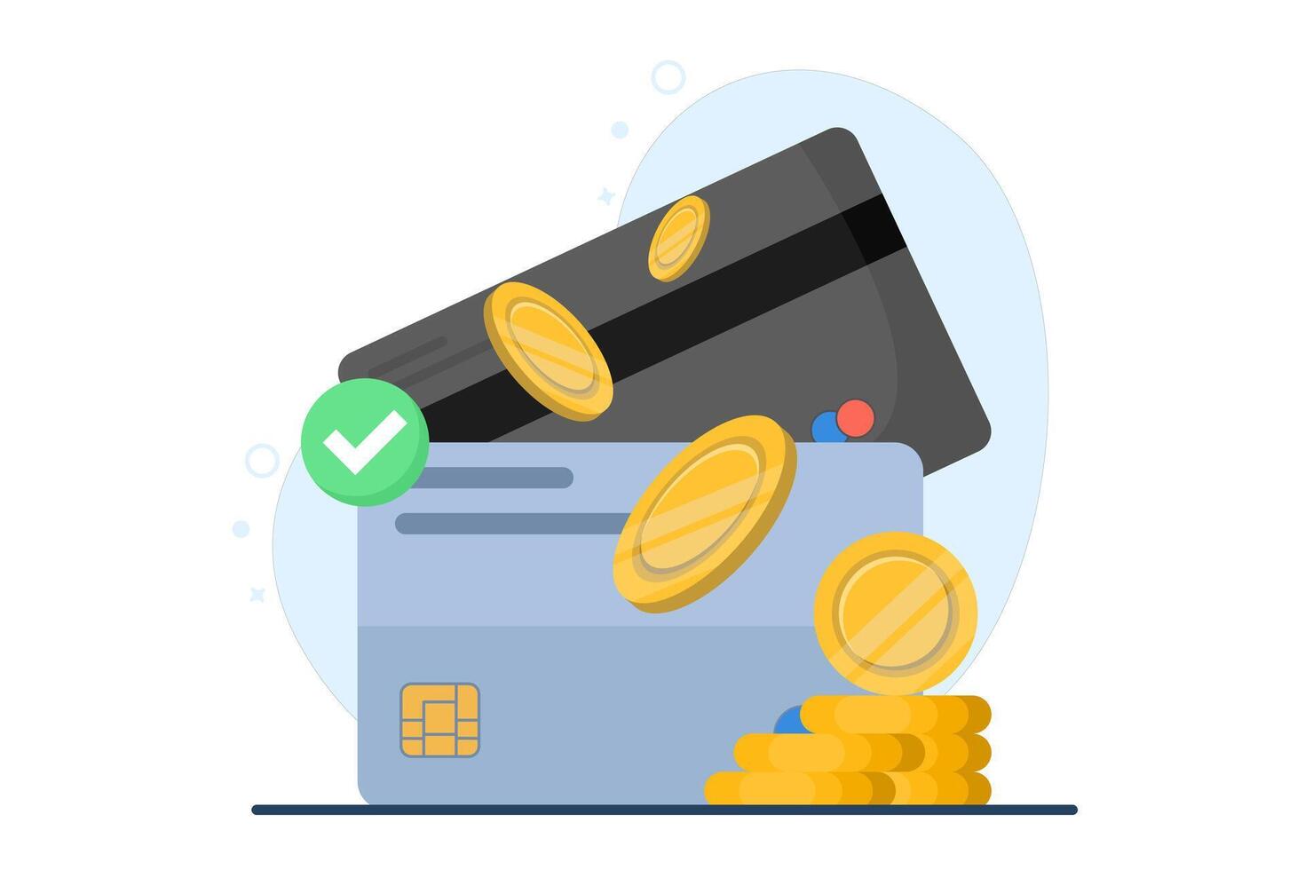 Concept of successful payment via bank debit card icon graphic illustration, money payment received to electronic wallet, verified check mark cash transaction image clip art. vector