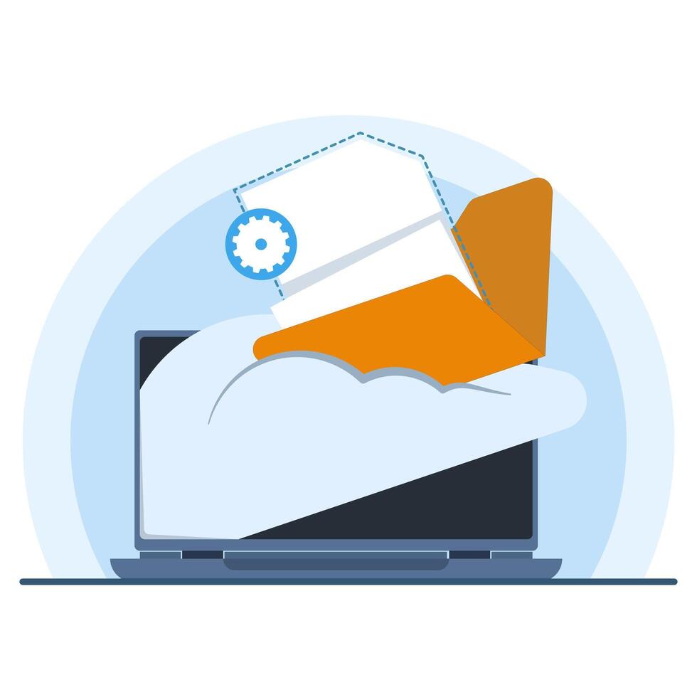 Cloud computing concept. Flat icon of cloud service, sharing videos and images online, backing up files to cloud storage from laptop. cloud computing security, data protection. vector