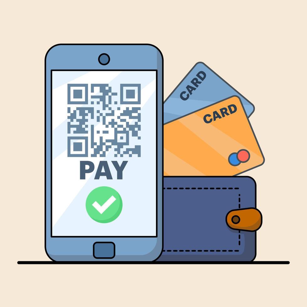 Concept of making cashless payments, with mobile phone or debit card With Barcode of app or Payment machine And Bank Card Cartoon Icon Illustration. flat illustration on background. vector