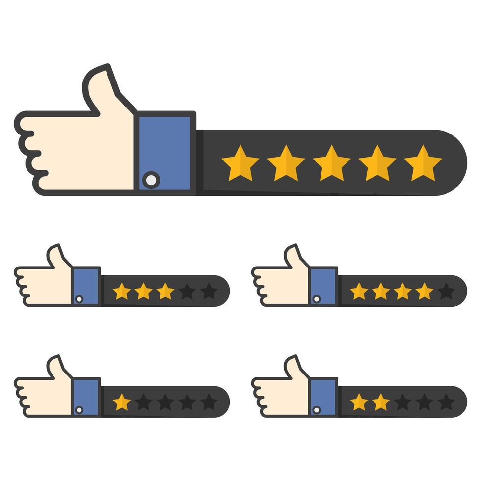 Customer service concept, star feedback, one to 5 star badge, online survey, consumer giving feedback, rating star badge on white background. Flat illustration on background. vector