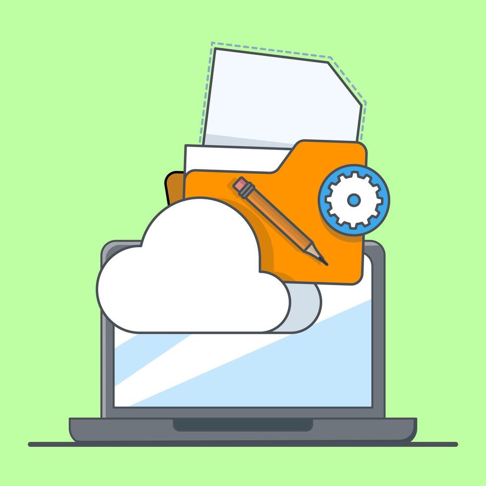 Cloud computing concept. Flat icon of cloud service, sharing videos and images online, backing up files to cloud storage from laptop. cloud computing security, data protection. vector