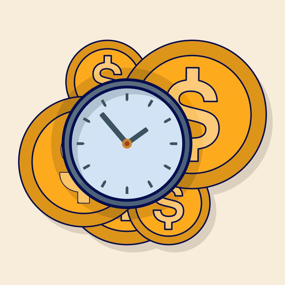 Money deadline payment alarm clock reminder concept, cash transaction suspension period, salary payment day, quick income image clipart. Icon graphic illustration. vector