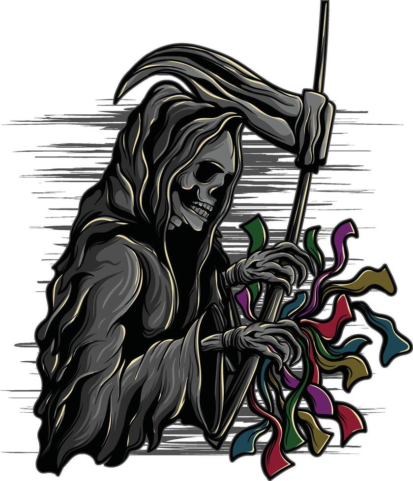 Grim Reaper Holding scythe and holding shredded papers. vector