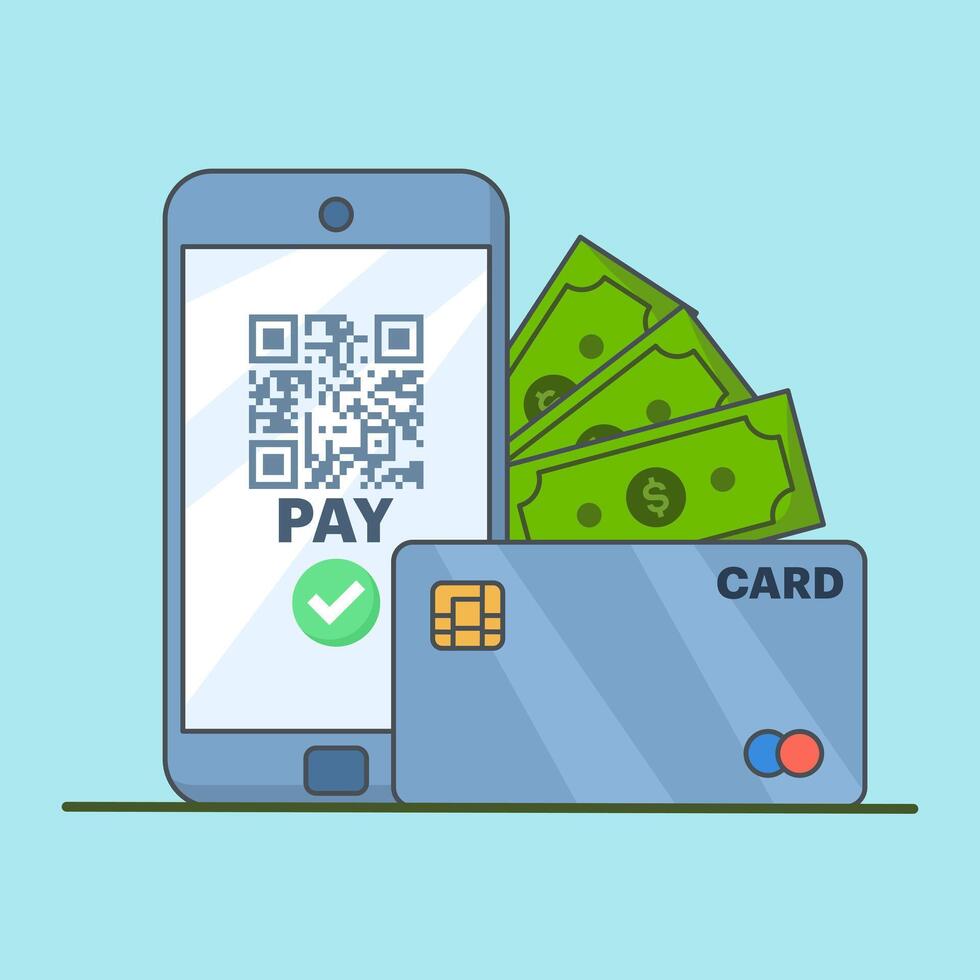 Concept of making cashless payments, with mobile phone or debit card With Barcode of app or Payment machine And Bank Card Cartoon Icon Illustration. flat illustration on background. vector