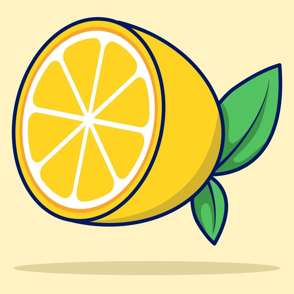 Cartoon Lemon Fruit, bright yellow lemon fruit with green leaf markings. Fresh icon design template, juice concentrate symbol from curved lines. Flat illustration on background. vector