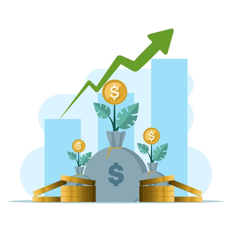 Business investment concept in flat style. Money, coins, profits, graph icons are suitable for many purposes. Investment Statistics With Money. Growth Investment Financing, flat illustration. vector