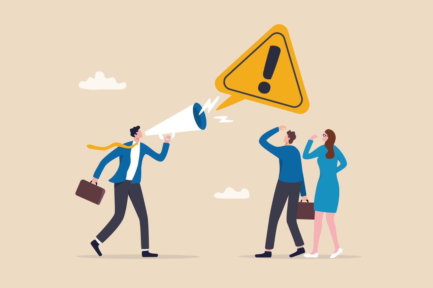 Shouting warning message, caution or alert attention, safety or danger announcement, risk or important information, beware or careful sign, businessman shouting on megaphone with exclamation sign. vector