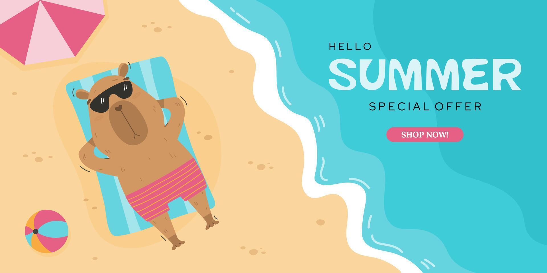 Summer sale promotion banner with funny capybara vector