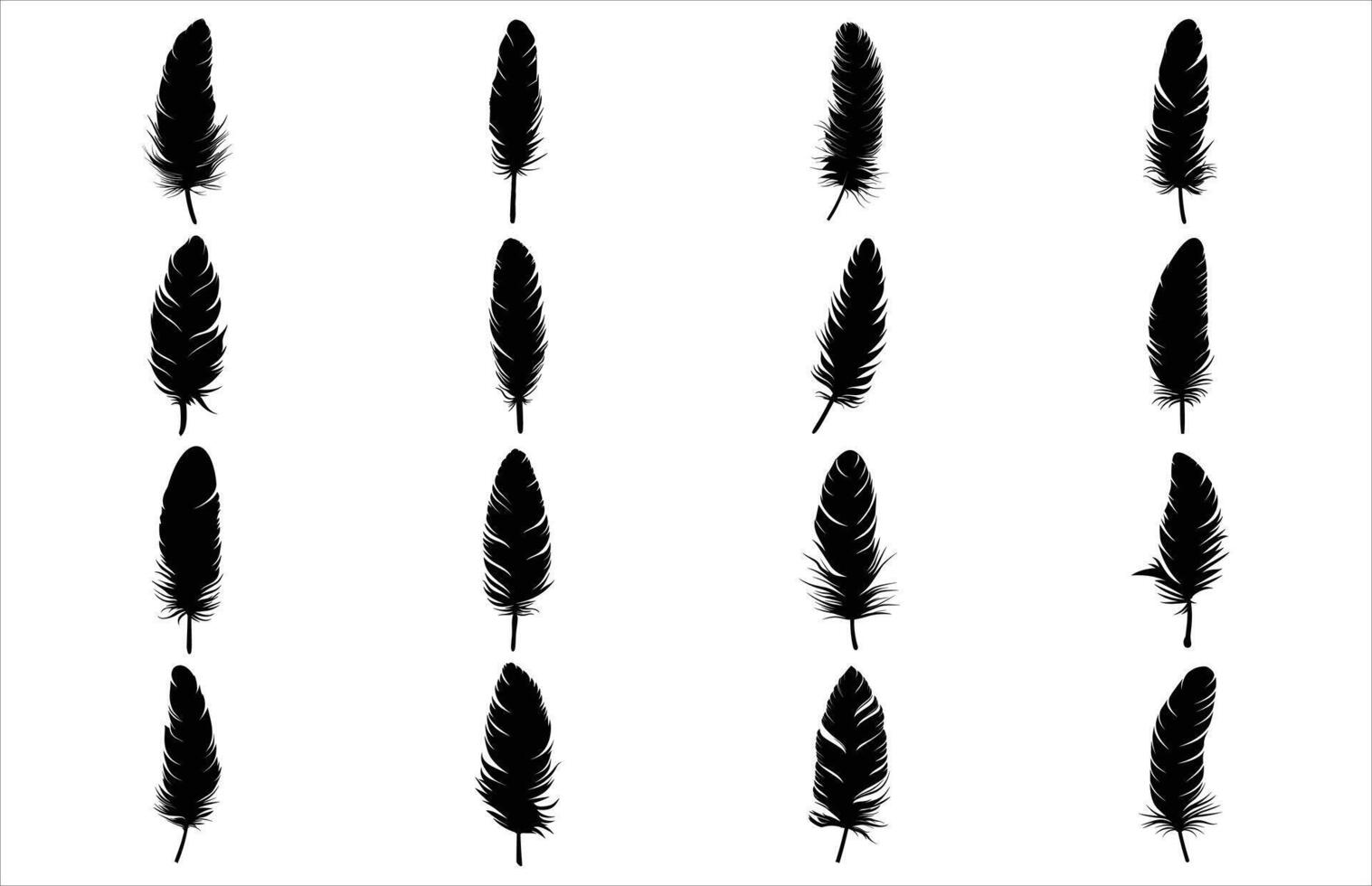 Cute Bird Feather Silhouette Illustration, Bird Feather icon, Black silhouette of a bird feather on a white background, Different types of bird feather. vector