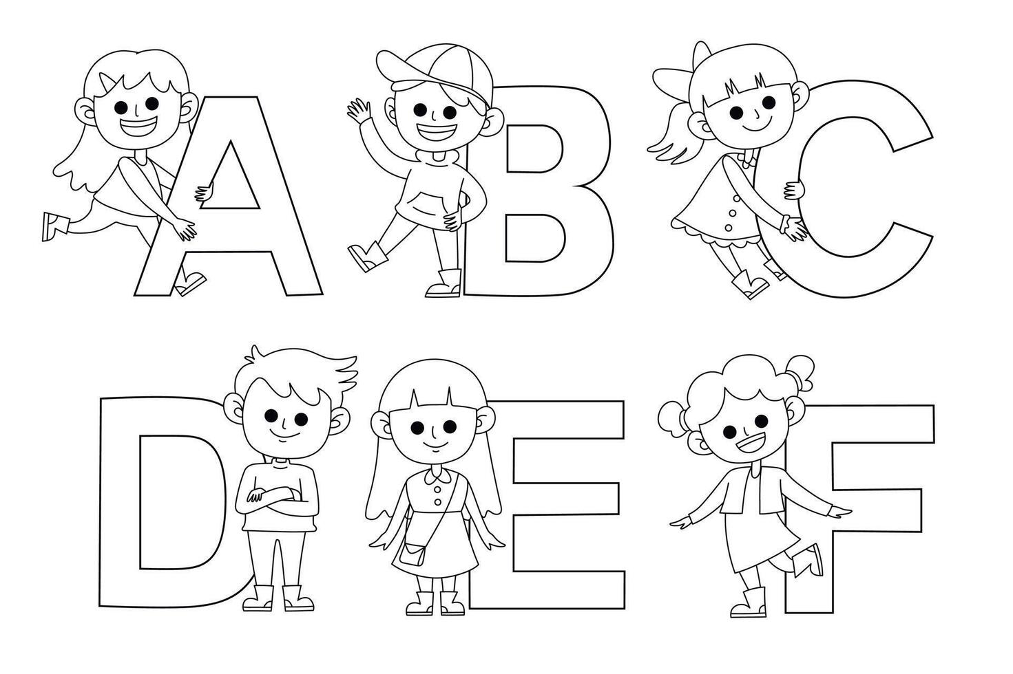 Cute alphabet and kid outline A-F vector