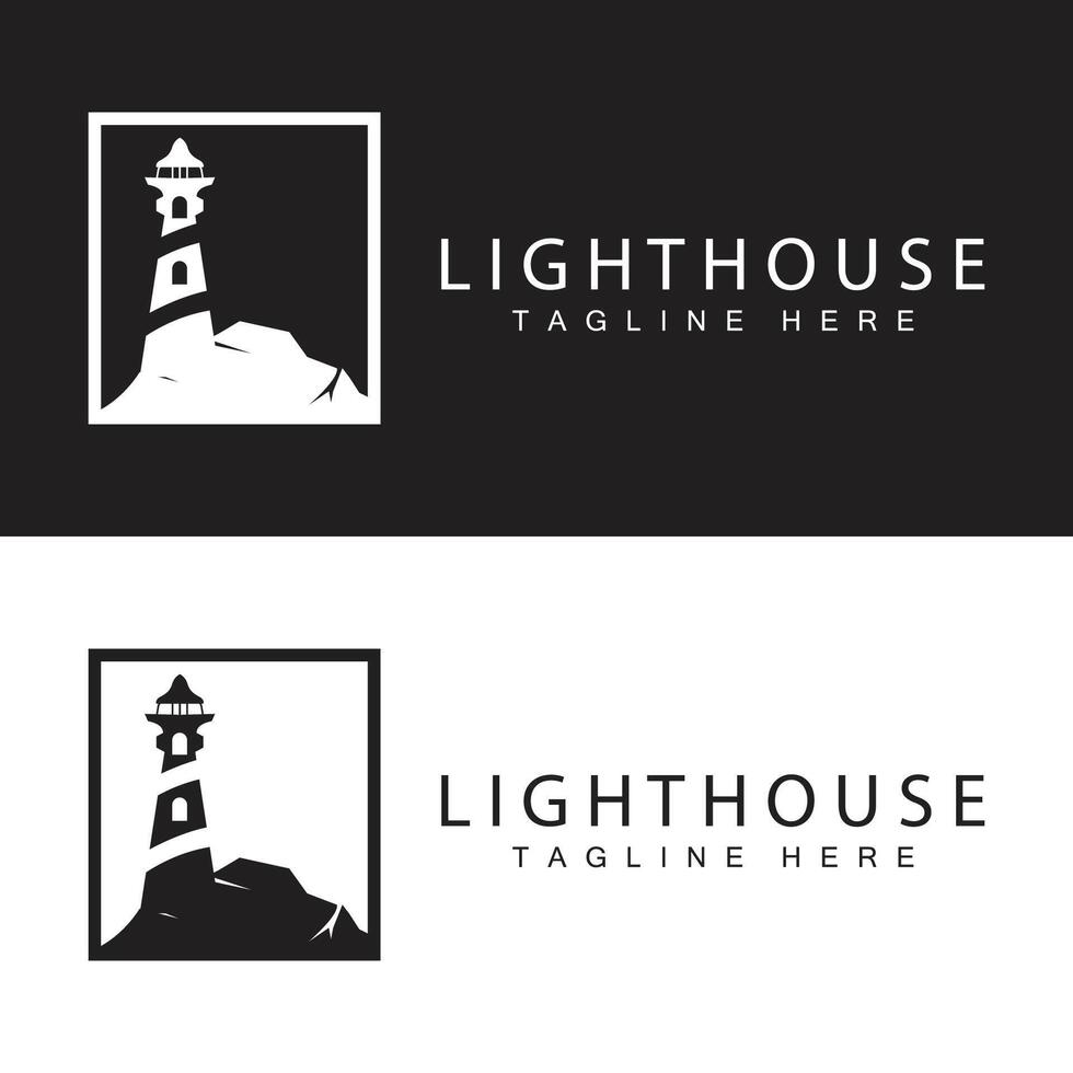 Lighthouse logo beacon tower ship signal simple beach port design template vector