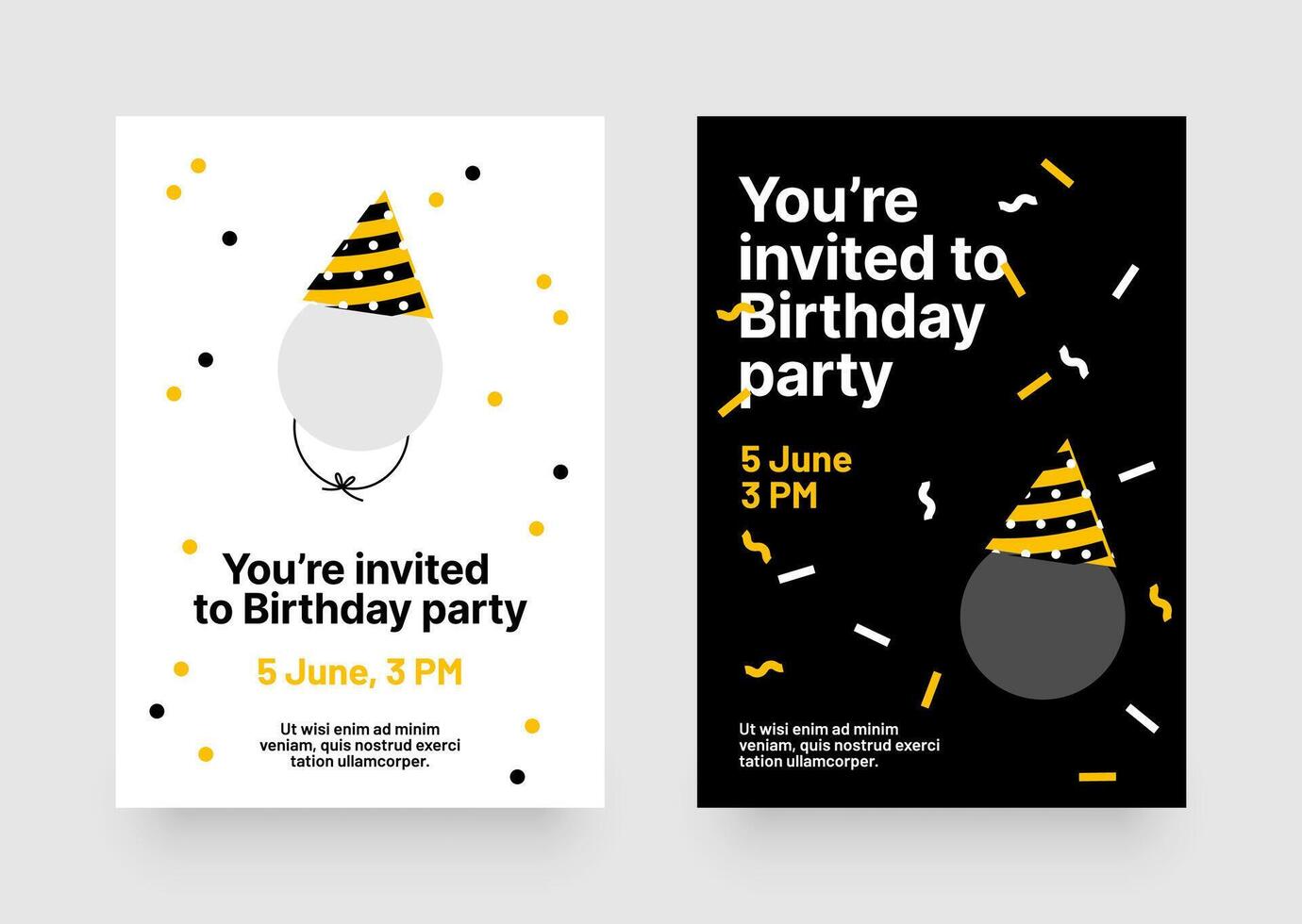 Birthday party invitations with place for your photo, party hats, and festive backgrounds. Design for flyer, poster, cover, brochure or banner. vector