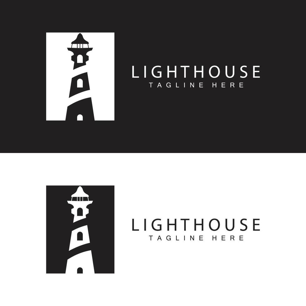 Lighthouse logo beacon tower ship signal simple beach port design template vector