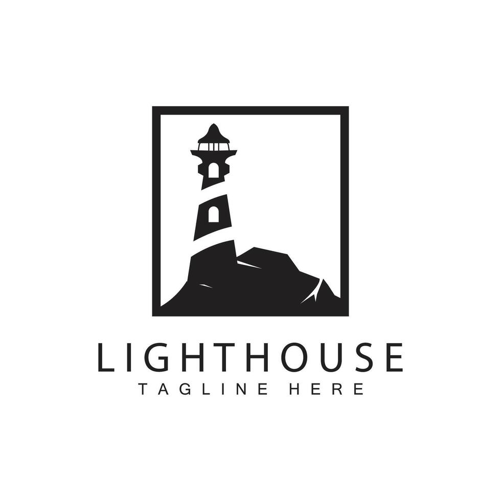Lighthouse logo beacon tower ship signal simple beach port design template vector