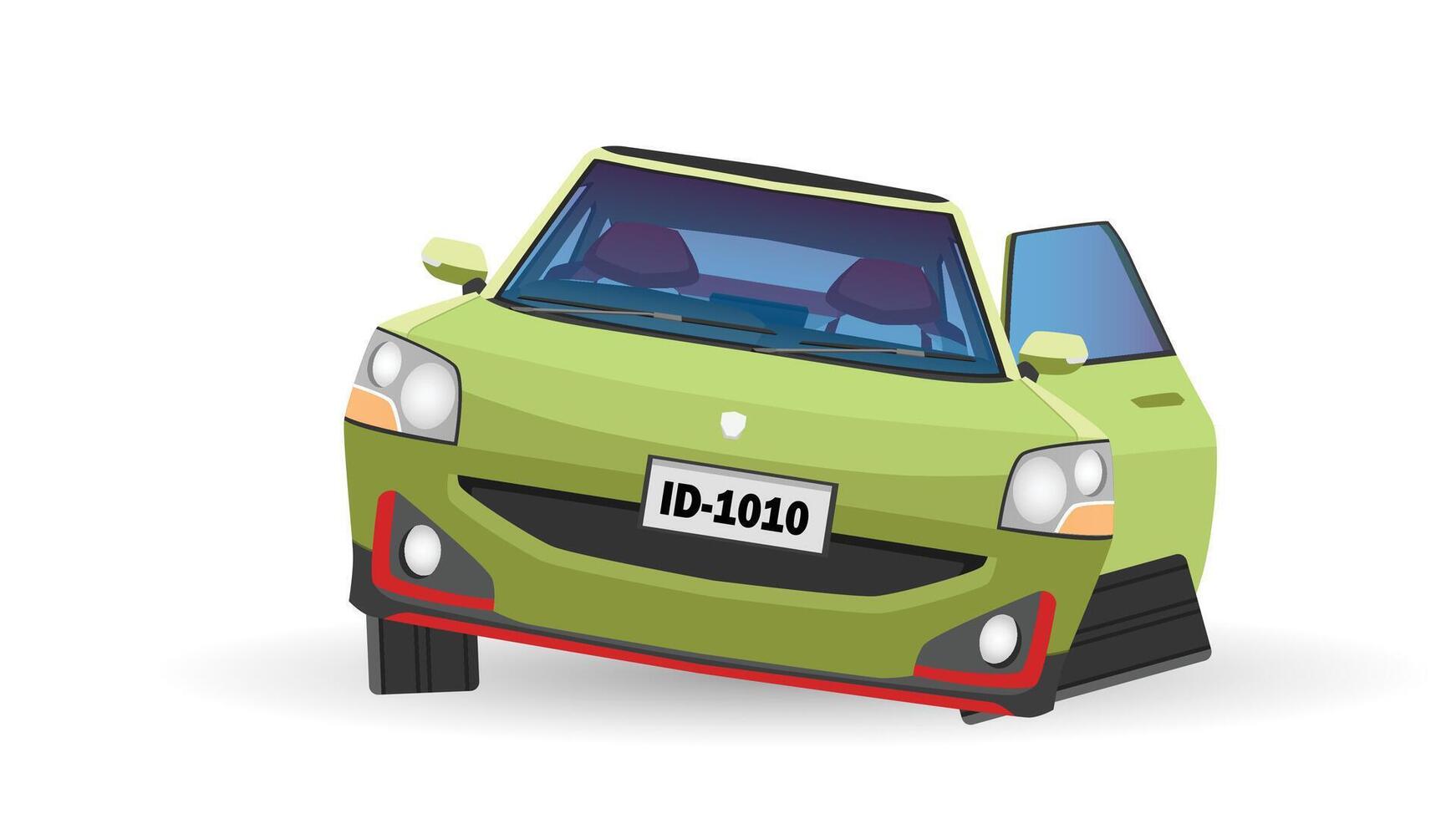 Cartoon or illustration of soft green car view from front car. wheels came off until the car tilted on its side and the door opened. Isolated white background. vector