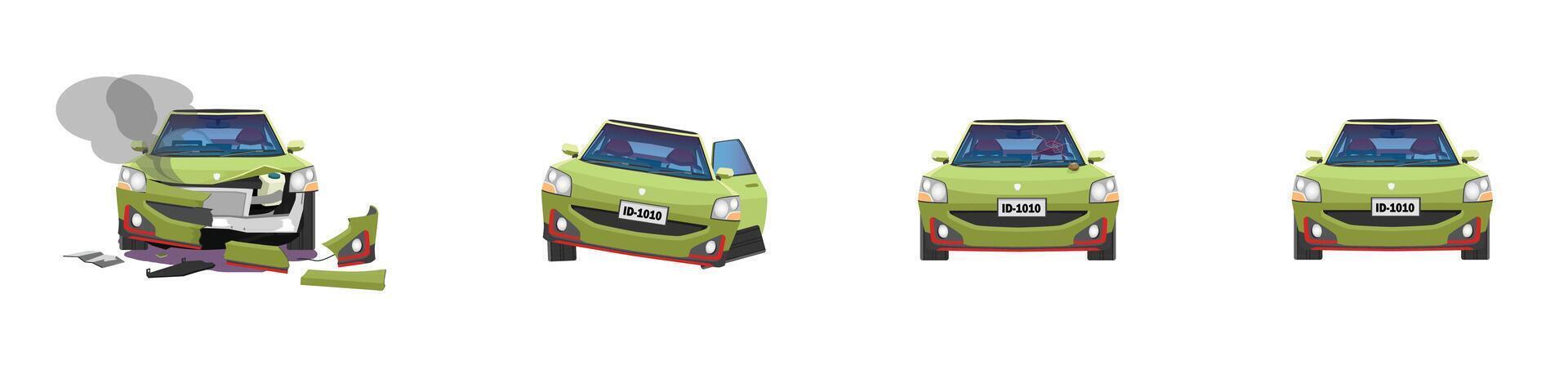 Cartoon or illustration. Status front of the soft green car from normal car to the car was slightly damaged. until the car was severely damaged Damage the entire front. vector