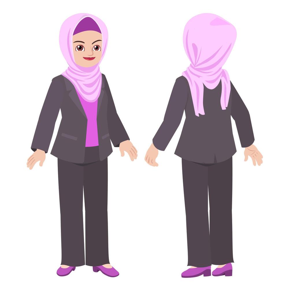 Islam businesswoman wearing hijab and suit standing in front view and back view design vector