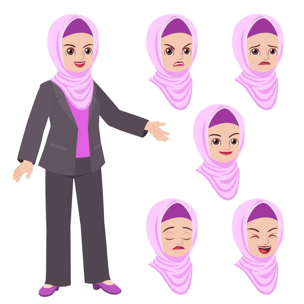 Islam business woman in suit wearing hijab standing with set of face expression vector