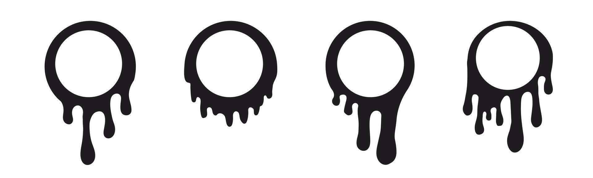 Melt drip circle silhouette paint round splash with drops, liquid shape, stain isolated on white background. Collection of Flowing fluid, slime or cream. vector