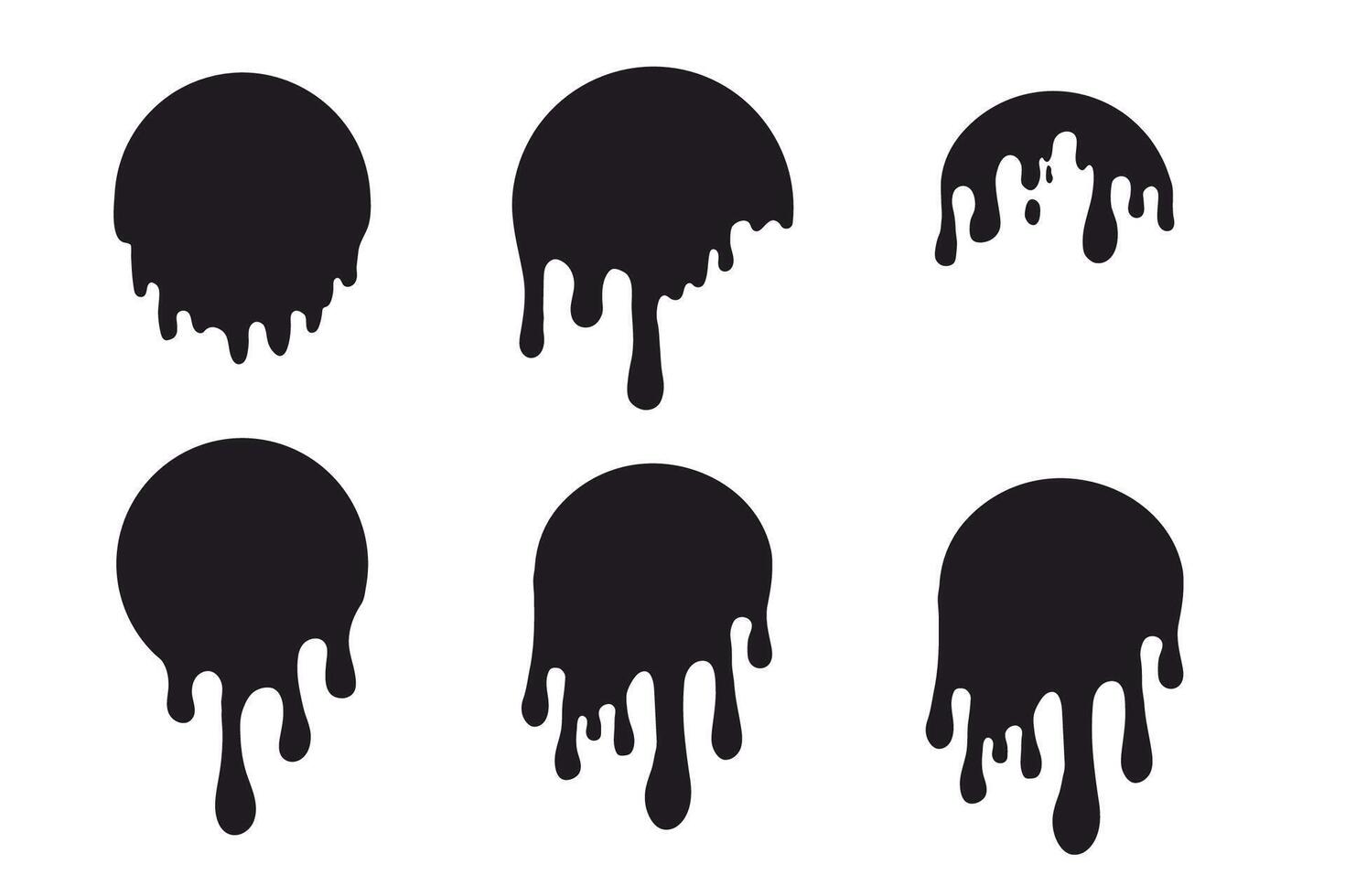 Melt drip circle silhouette paint round splash with drops, liquid shape, stain isolated on white background. Collection of Flowing fluid, slime or cream. vector