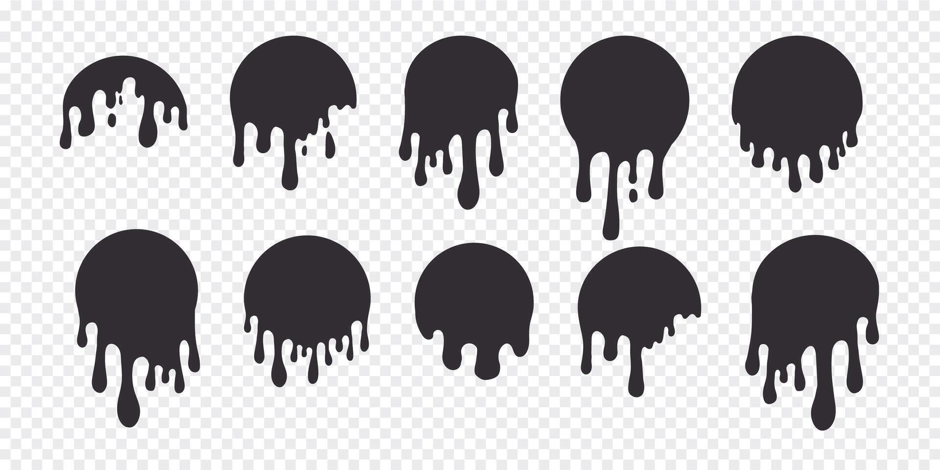 Melt drip circle silhouette paint round splash with drops, liquid shape, stain isolated on white background. Collection of Flowing fluid, slime or cream. vector