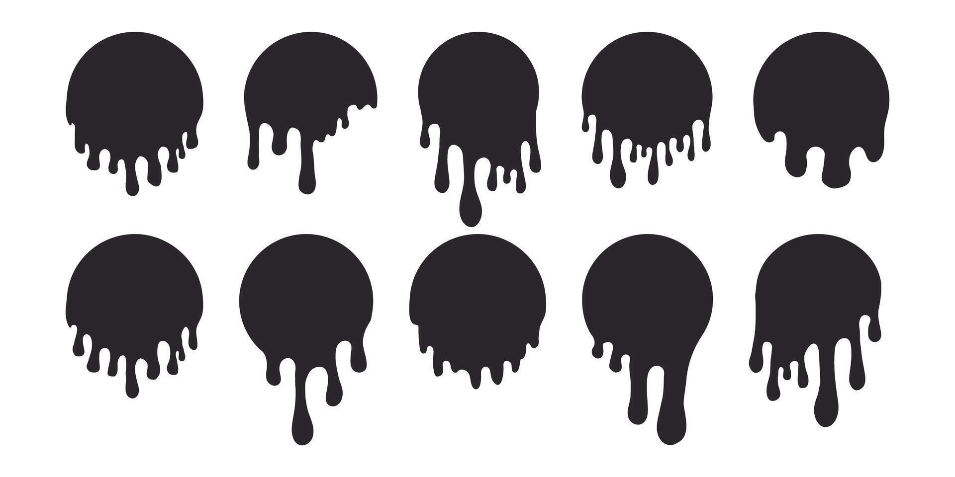 Melt drip circle silhouette paint round splash with drops, liquid shape, stain isolated on white background. Collection of Flowing fluid, slime or cream. vector