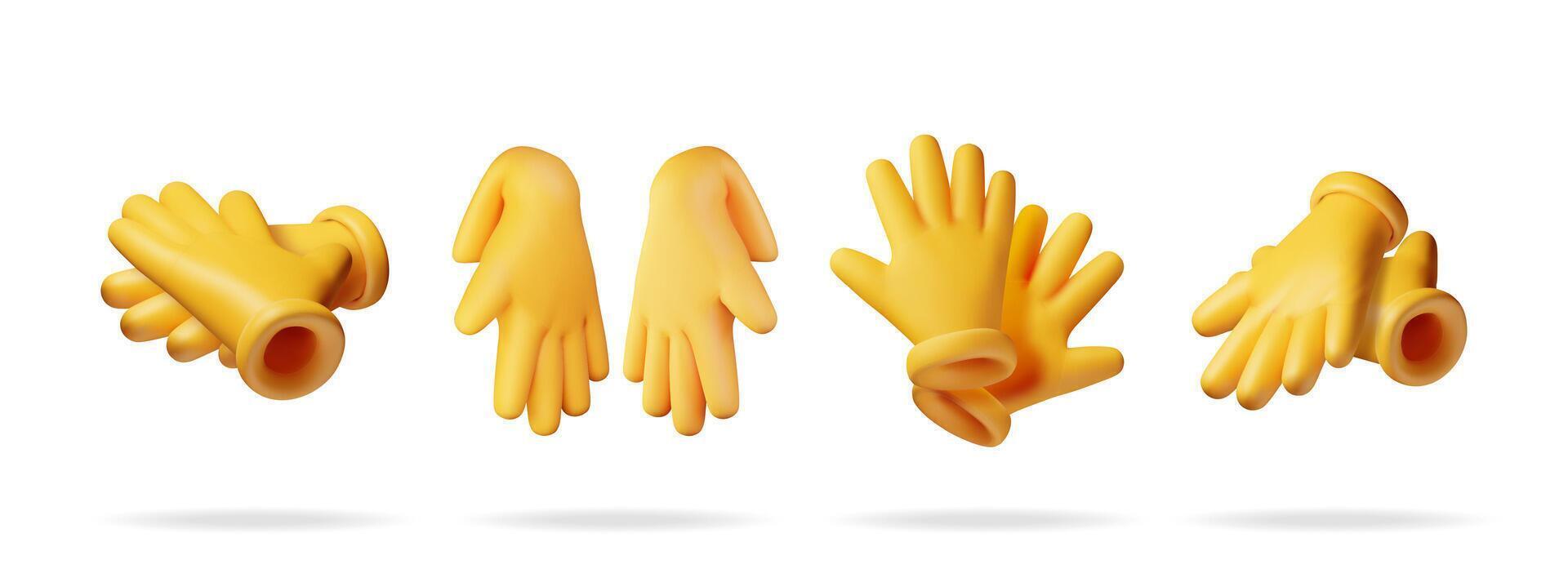 3d set of yellow rubber gloves isolated on white. Render collection of latex gloves icon. Hygiene, cleaning, wash, housekeeping work. Work and protective equipment. vector