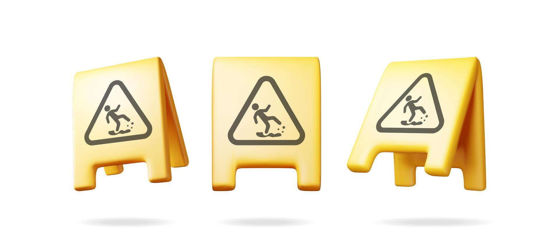 3d set of plastic wet floor sign isolated on white. Render collection of yellow wet floor placard icon. House cleaning equipment. Household accessories. vector