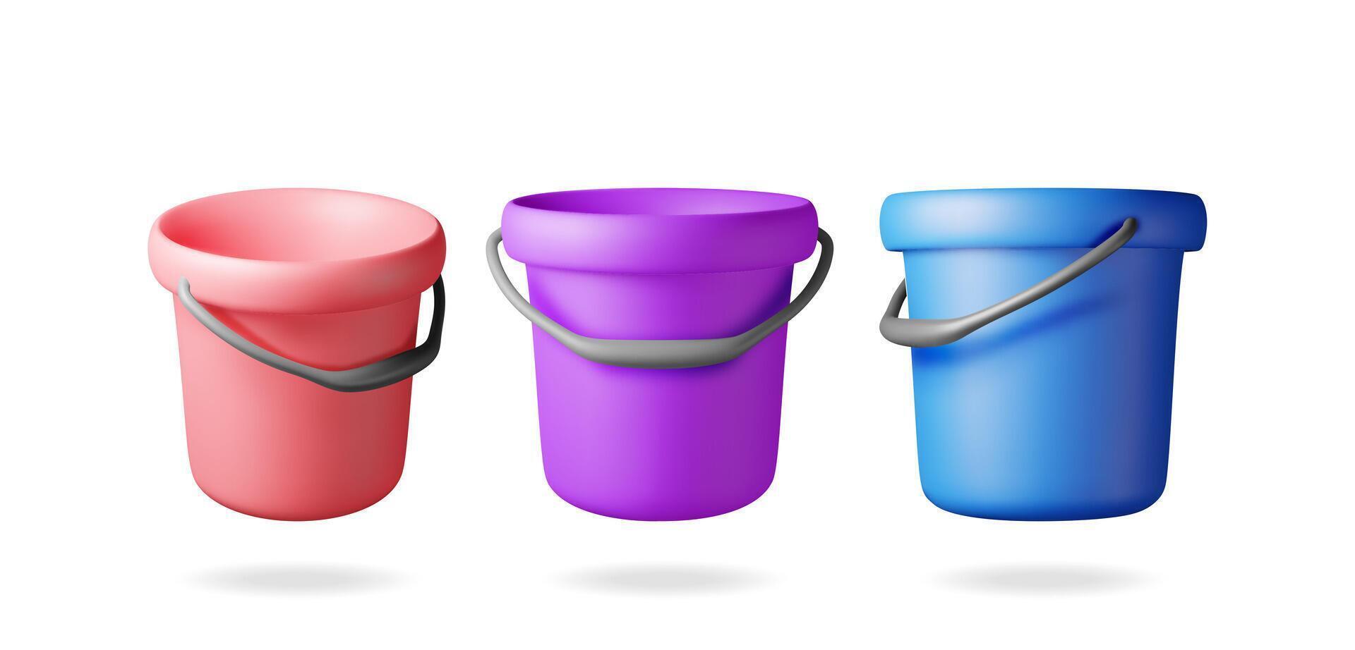 3d set of empty plastic bucket isolated. Render collection of bucket icon for cleaning and washing. House cleaning equipment. Household accessories. vector