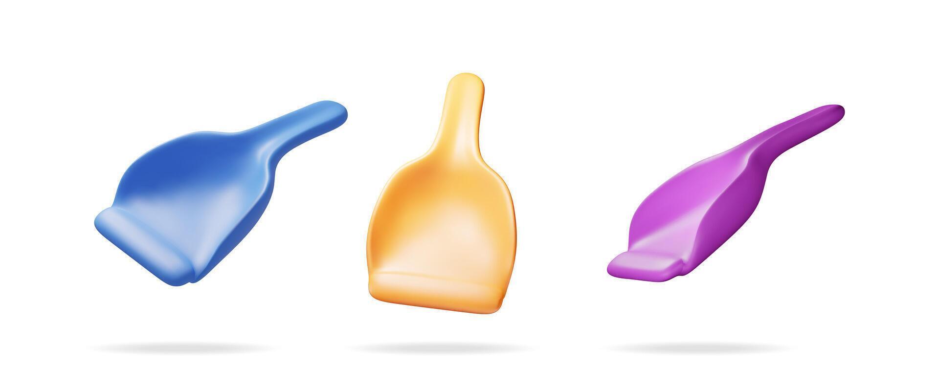 3d set of dustpan icon isolated on white. Render collection of hand dust pan symbol, cleaning plastic scoop. House cleaning equipment. Household accessories. vector