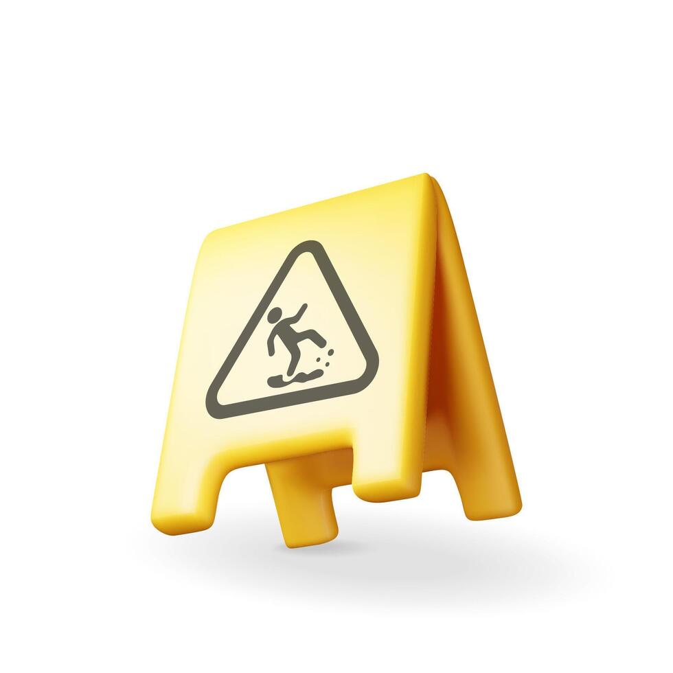 3d plastic wet floor sign isolated on white. Render yellow wet floor placard icon. House cleaning equipment. Household accessories. vector