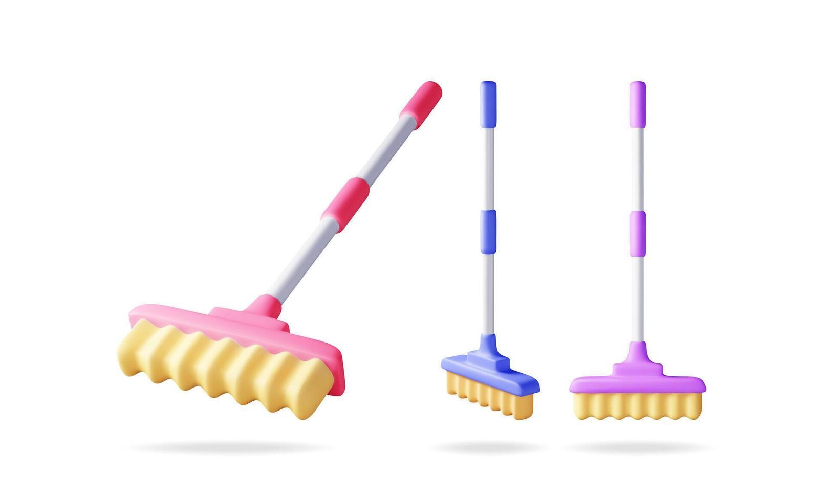 3d set of cleaning broom isolated on white. Render collection of broom icon. House cleaning equipment. Household accessories. vector